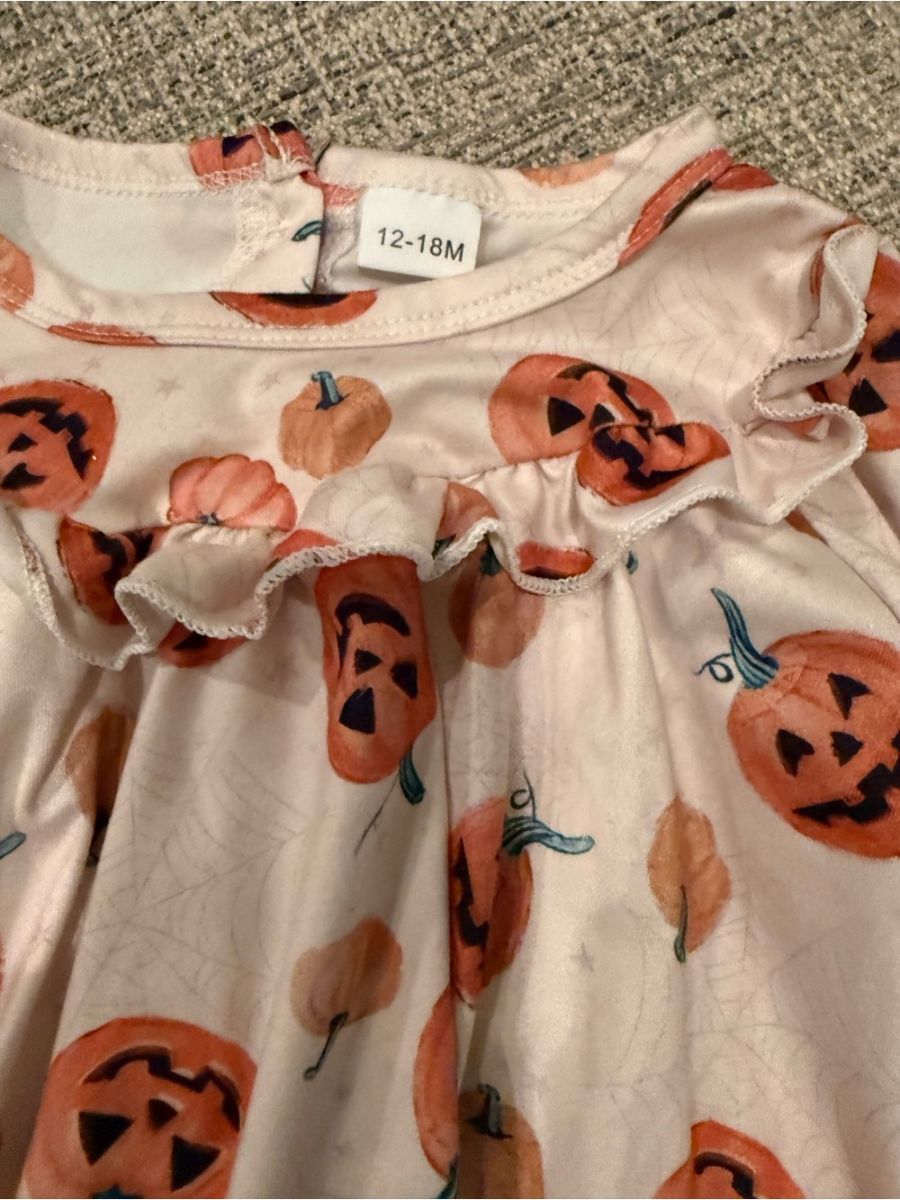 Girls 12-18M Pink Halloween Pumpkin Ruffle Long Sleeve Dress-Cream/tan - Picture 3 of 4